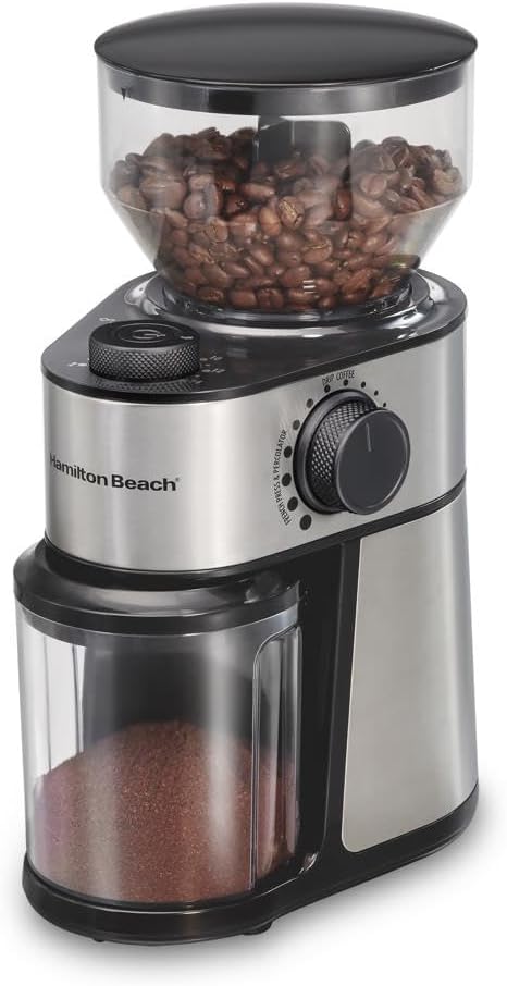 Hamilton Beach Electric Burr Coffee Grinder with Large 16oz Hopper,18 Settings For 2-14 Cups,Easy pour, Dishwasher safe removable Burr, 200 Watts, Stainless Steel (80385)
