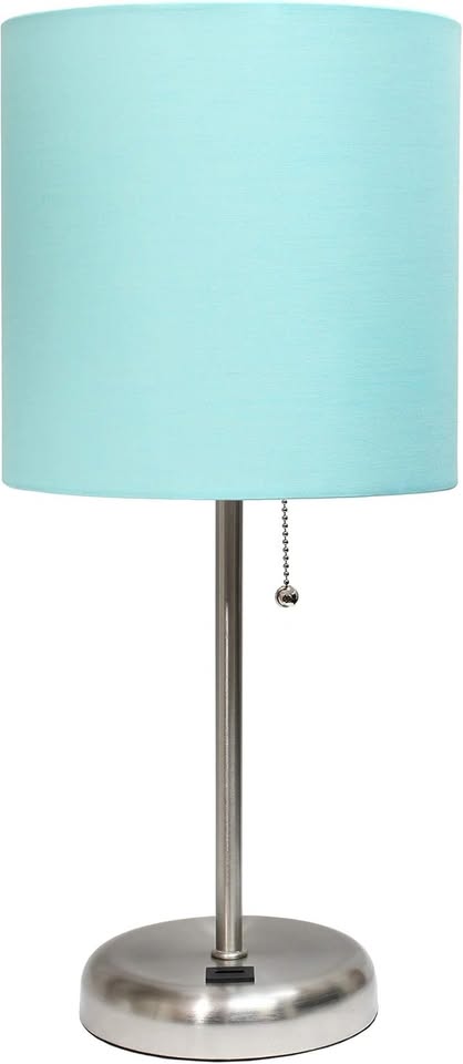 Limelights LT2044-AQU Stick USB Charging Port and Fabric Shade Table Lamp, Brushed Steel and Aqua (Set of 2)