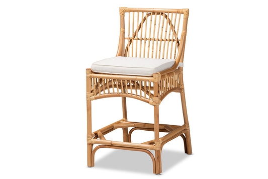 Baxton Studio Rose Modern Bohemian White Fabric Upholstered and Natural Brown Rattan Counter Stool