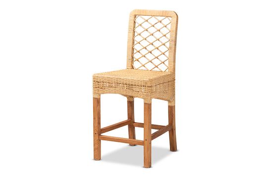 Baxton Studio Moscow Modern Bohemian Natural Brown Rattan and Walnut Brown Mahogany Wood Counter Stool