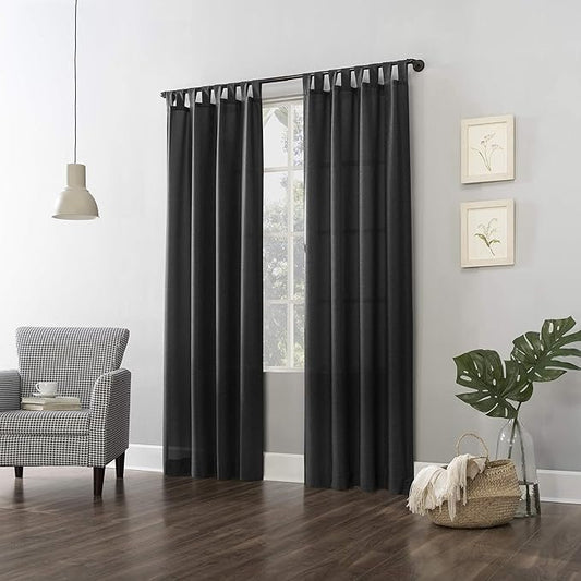 No. 918 Trevor Heathered Texture Semi-Sheer Tab Top Curtain Single Panel, 40" x 84", Coal Gray