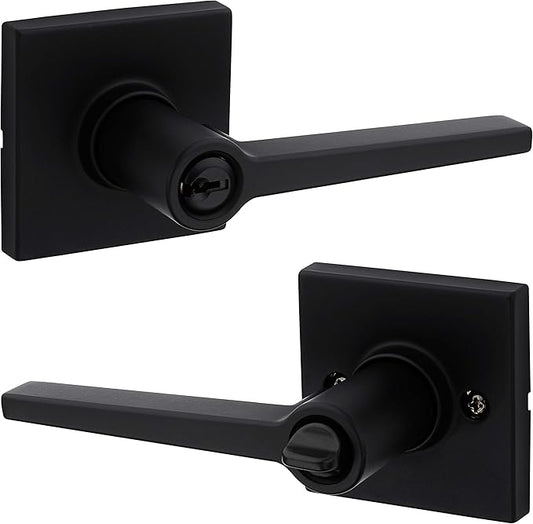 Daylon Matte Black Front Door Handle with Lock, Reversible Square Exterior/Interior