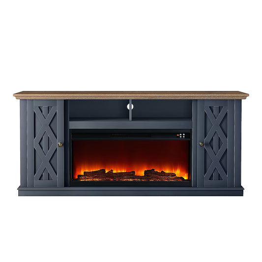 68 in. Freestanding TV Stand in Saw Cut Off Navy Blue with Dark Wood Desktop