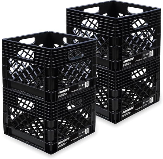 New Milk Crate 4-Pack, Built Tough, 250lbs Load Capacity (BV Certified), Weather Tested -22°F to 122°F, 13" L x 13" W x 11" H