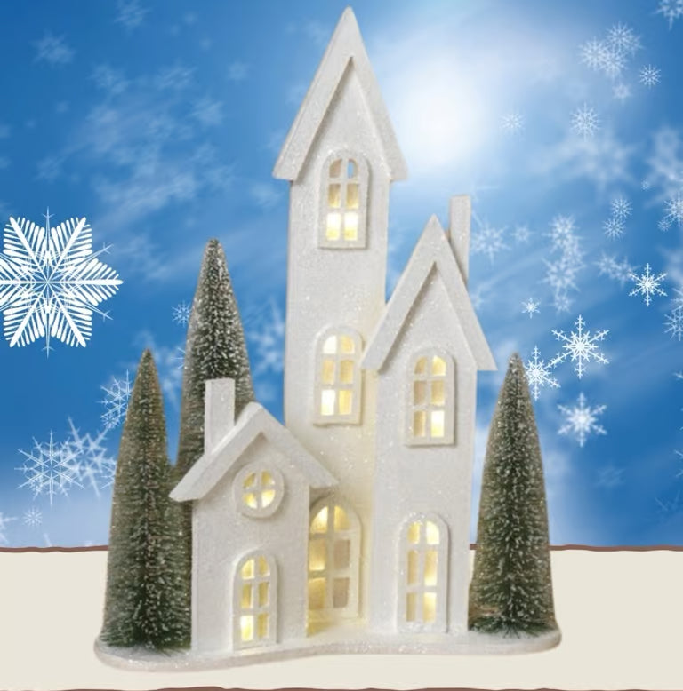 New Gerson 20.75" Lighted Wood Holiday Church House with 3 Trees