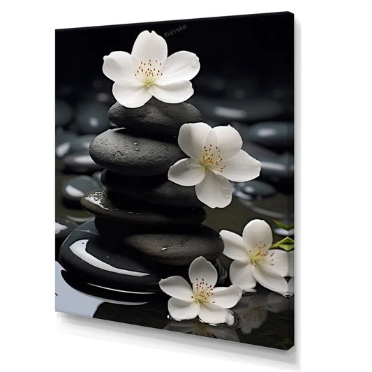 Zen Serenity White Flowers Black Stone Cairn wall art print 24x32