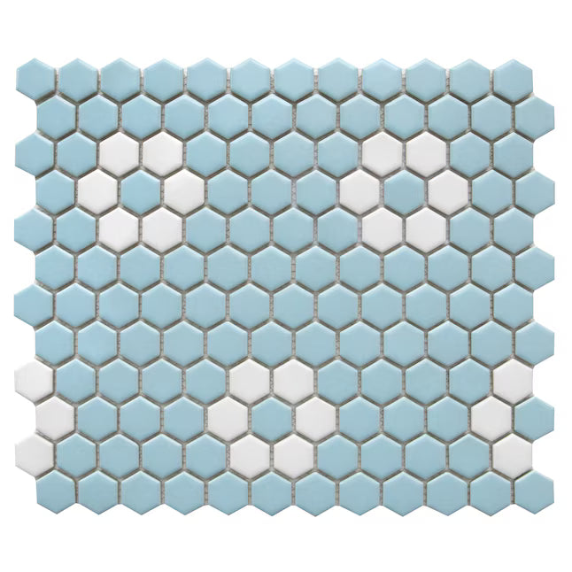 New WS Tiles Porcelain Perfection Sky Blue with White Flower 10-in x 12-in Matte Porcelain Hexagon Mosaic Floor and Wall Tile (11 per carton)