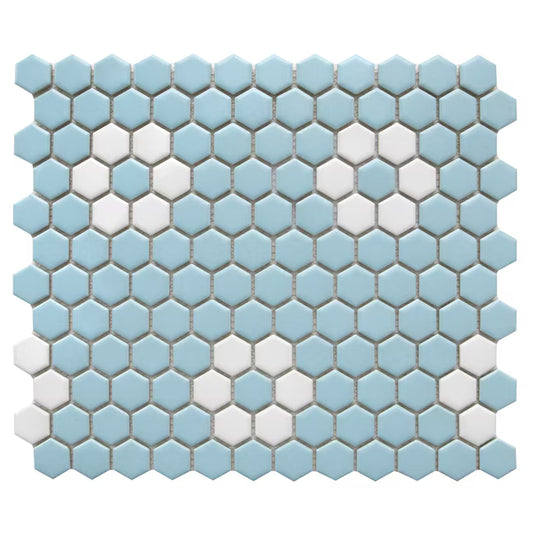 New WS Tiles Porcelain Perfection Sky Blue with White Flower 10-in x 12-in Matte Porcelain Hexagon Mosaic Floor and Wall Tile (11 per carton)