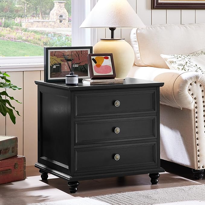 New 24" Wide Farmhouse Night Stand,Large End Table with 3 Drawers & Metal Handle