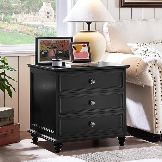 New 24" Wide Farmhouse Night Stand,Large End Table with 3 Drawers & Metal Handle