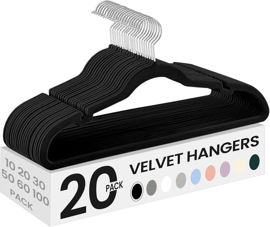 Velvet Hangers, Non-Slip Clothes Hangers with Shoulder Notches, Pants Bar, 360° Swivel Hook, Space-Saving, for Closet, 20 Pack, Ink Black