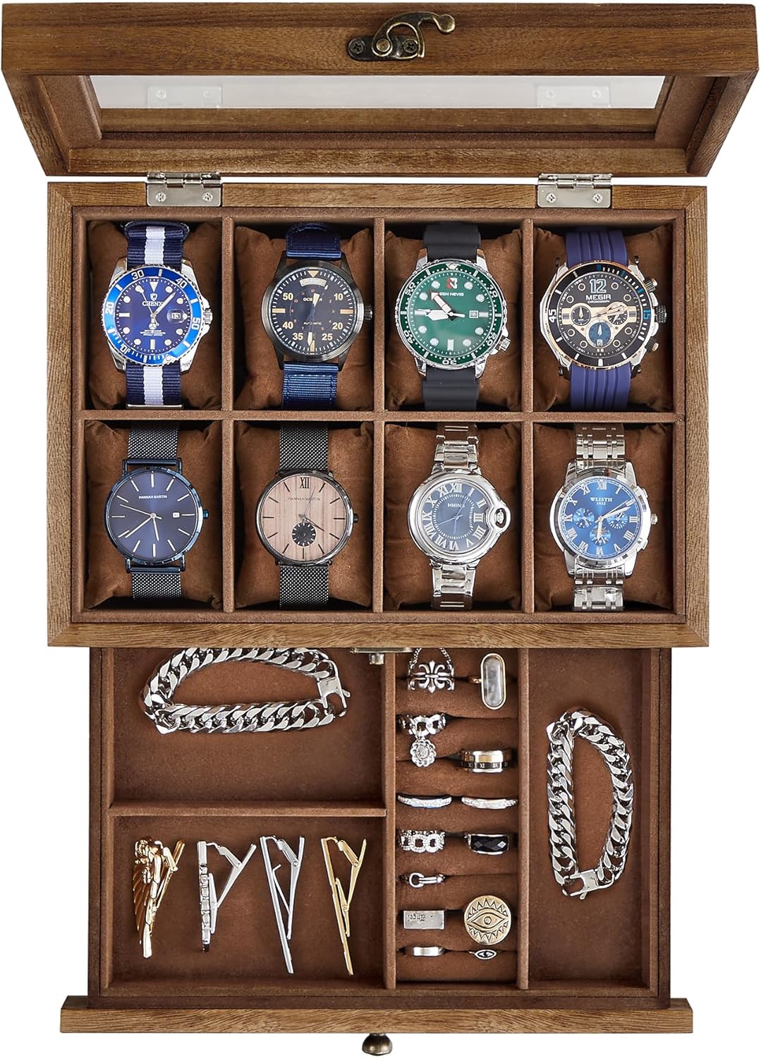 8-Slot Watch Box, 2-Tier Watch Display Case with Large Glass Lid, Removable Watch Pillows, Velvet Lining, Jewelry Box, Gift Idea, Rustic Walnut