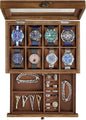 8-Slot Watch Box, 2-Tier Watch Display Case with Large Glass Lid, Removable Watch Pillows, Velvet Lining, Jewelry Box, Gift Idea, Rustic Walnut